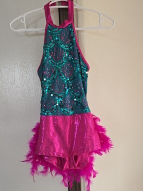 Girls Hot Pink and Teal Sequin Dance Costume - Brand Unspecified